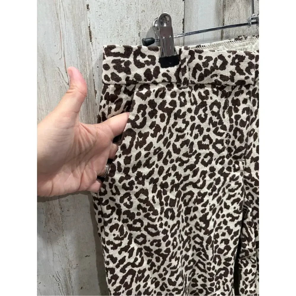 J Crew Womens 0 Pants Cafe Capri Leopard Animal Print 100% Linen Neutral